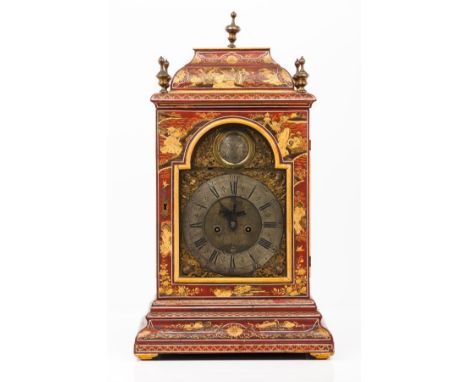 A Claudius de Chesne (1693-1730) table top clock Red lacquered wooden case of profuse black and gilt decoration with oriental