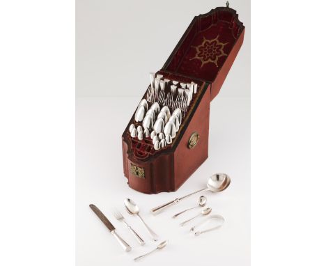 A CANTEEN OF CUTLERY AND KNIFE BOXPortuguese silver, 19thFaceted smooth cablesConsists of 12 table spoons, 12 knives and 12 t