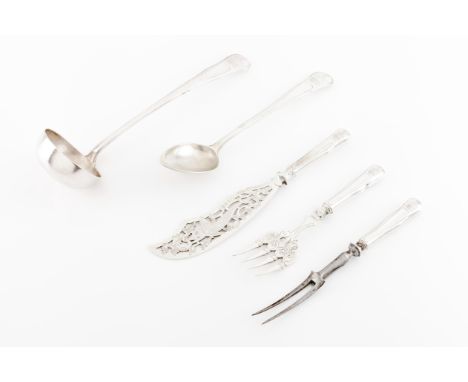 A set of five serving piecesPortuguese silver, 19th centurySoup ladle, serving spoon, fish servers and meat carversOporto ass