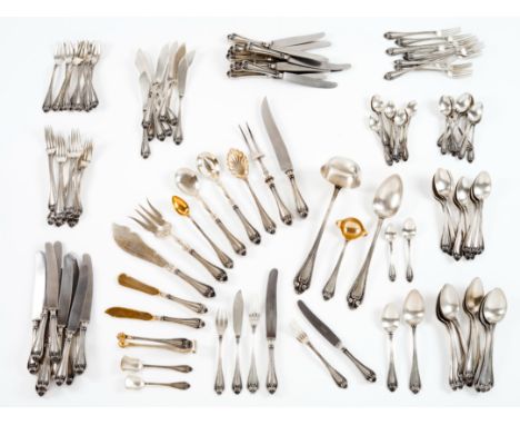 A 12 cover canteen of cutlery in its storage casePortuguese silverReliefs decoration with shells and volutesEagle hallmark 83