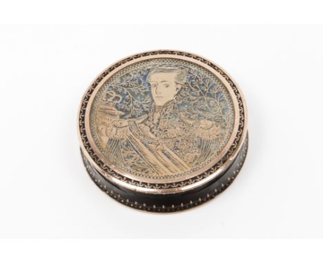 A snuff box with portrait of King Miguel ITortoiseshell Gold piqué decoration Cover of central cut-out paper medallion portra