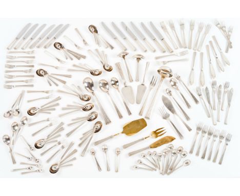 A 48 cover canteen of cutleryPortuguese silverFront fluted handles of plain back and scalloped topTable cutlery: 48 soup spoo