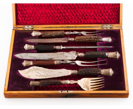 A set of game cutleryEnglish silver and steelTwo knife and fork carvers, a serving knife and fork of chased decoration depict