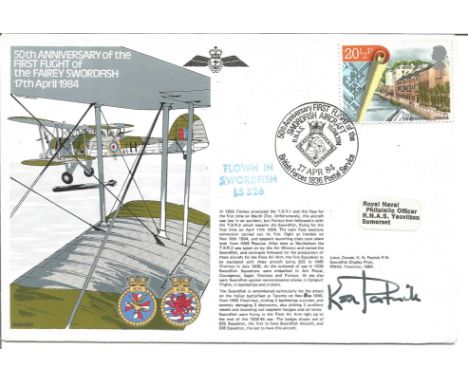 Fleet Air Arm flown cover signed by Lt. Cdr. K. N. Patrick (Swordfish Display pilot, RNAS Yeovilton, 1984). RNSC 5. 50th Anni