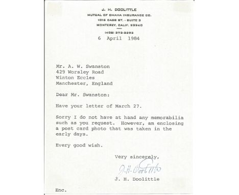 Gen J Doolittle typed signed letter 1984 on his personal letterhead replying to a request for memorabilia. James Harold Dooli