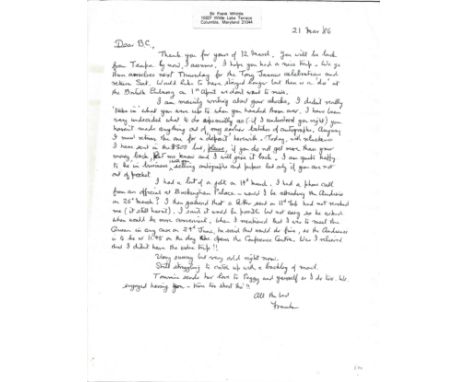 World War Two Sir Frank Whittle ALS dated 21st March 1986. Sir Frank Whittle OM KBE CB FRS FRAeS (1 June 1907 - 9 August 1996