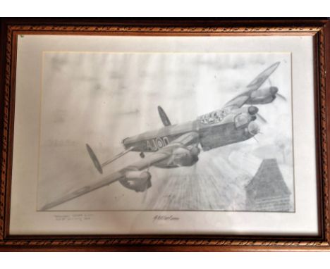Dambuster World War II ORIGINAL 18x27 Framed Lancaster pencil drawing by the artist C Ward image of Webbs Lancaster AJO over 