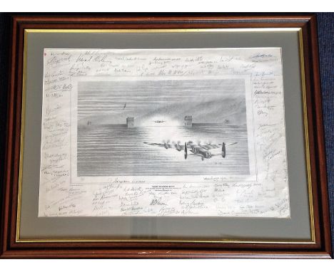 Dambuster World War II 25X31 framed print titled Early Training Runs by the artist Mike Murphy signed by OVER ONE HUNDRED 617