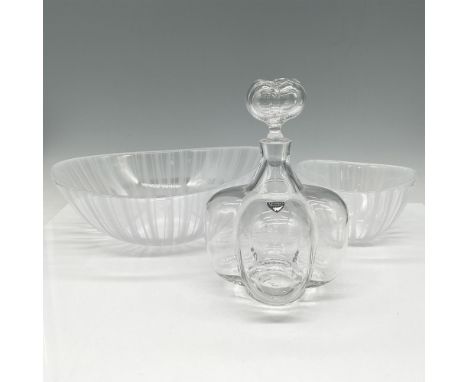 Lot includes large oval 9" and small 5" serving bowls with overlay white stripes and crystal bulb decanter with stopper. Orre