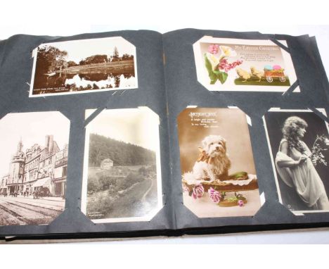 Vintage postcard album depicting real photographic and printed postcards including Codford street scene showing soldiers and 