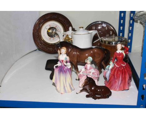 Royal Doulton ladies including Blithe Morning and Bo Peep, Beswick Bay Horse, barometer, Art Deco mantel clock.