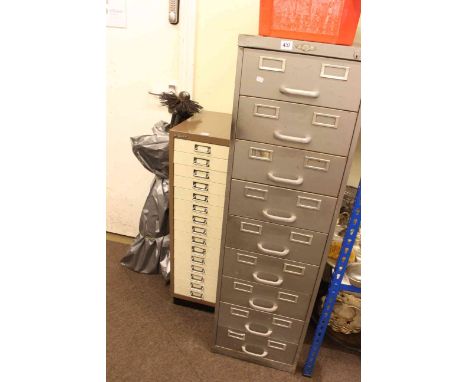 Two metal index cabinets and box of tools (largest cabinet 132cm high by 38cm wide by 62cm deep).