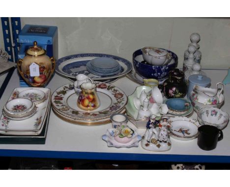 Collection of decorative china including Aynsley Orchard Gold lidded jar, Royal Worcester fruit vase, blue and white meat pla