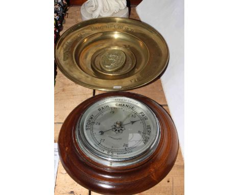 Antique brass offertory plate for St. Helier's Parish Church 1728, a Parian figure, barometer and two small brass pieces.