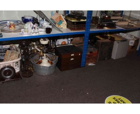 Large collection of metalwares, ceramics, wood wares, linens etc, including light fittings, Vertilok nest of drawers, Art Dec