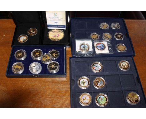Collection of gold plated and other coins with military interest. Including: Battle of Britain 75th Anniversary Commemorative