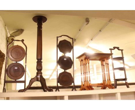 Three cakestands, yew nest of three spider leg tables and mahogany tripod torchere (5).