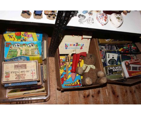 Three boxes of children's vintage toys, games, teddy bear and annuals.