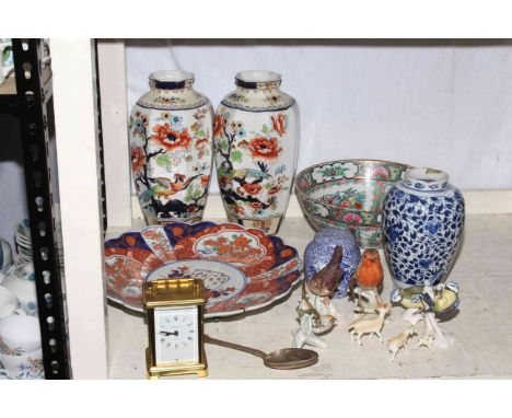 Pair of Losol Ware vases, Imari plate, Oriental bowl and vase, carriage clock, silver tablespoon, pottery birds, etc.