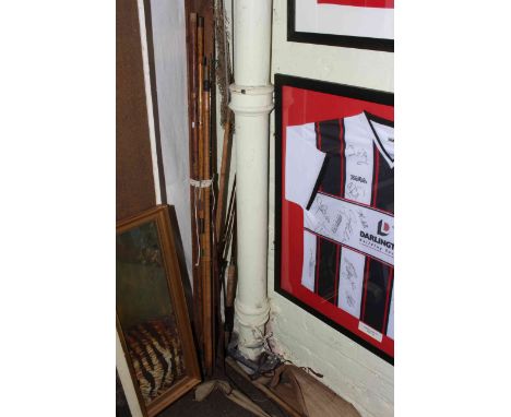 Vintage wooden Hardy's case with split cane rods and others including landing nets and canvas cases.