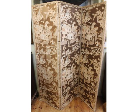 Three fold vanity screen in Oriental print fabric.