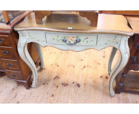 Floral painted single drawer serpentine front console table, 78cm high by 96cm wide by 39cm deep.