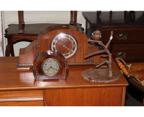 Garrard Westminster chime walnut mantel clock, an Art Deco Anvil Perival mantel clock and a taxidermy Chaffinch.
