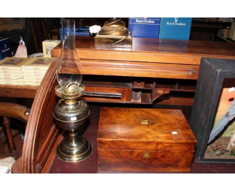 Victorian mahogany writing box and a brass oil lamp.