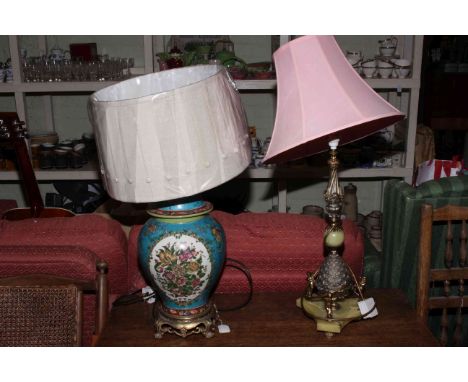 Brass hanging oil lamp, Oriental style pottery table lamp and onyx and gilt metal table lamp both with shades.