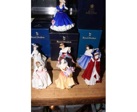 Six Royal Doulton ladies with boxes, Tender Moment, Adele, Lesley, Amy, Elaine and Mary 1992, together with Royal Worcester T