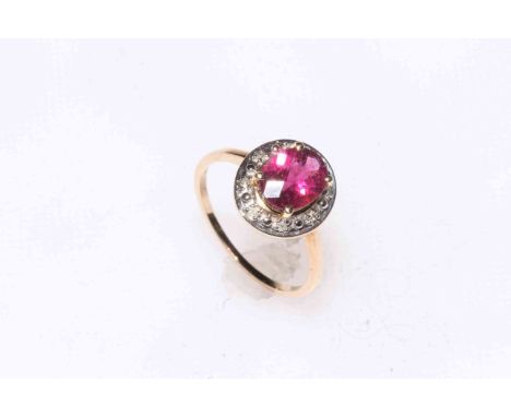 9k gold rubellite and diamond ring, size P/Q, with certificate.