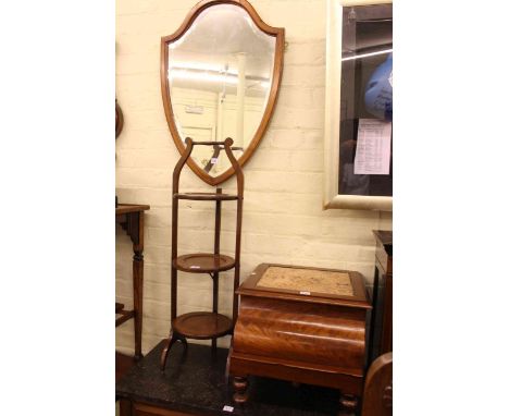 Two occasional tables, mahogany three tier folding cakestand, Victorian mahogany stool commode and mahogany shield shaped wal
