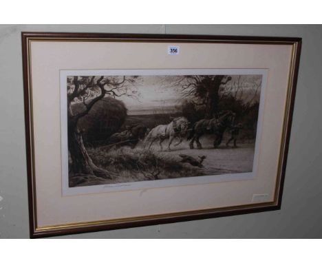 Herbert Thomas Dicksee (1862-1942), Hauling the Hay, signed print 1926, 32cm by 47cm, framed.