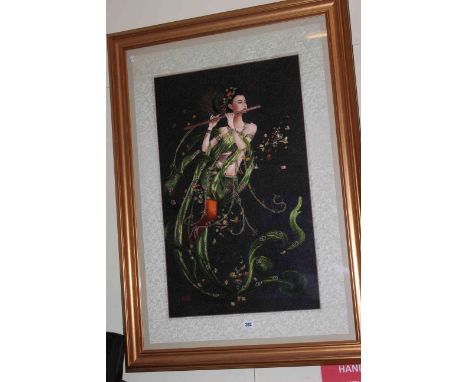 Large gilt framed needlework and silk of an Oriental maiden playing a flute, 114cm by 82cm overall.