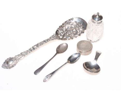 Georgian silver caddy spoon, engine-turned make-up box, cast white metal spoon, salt and two teaspoons.