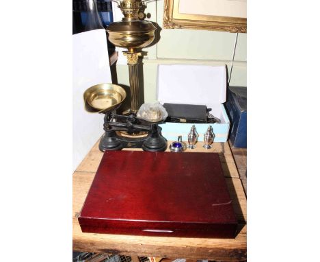 Viners six place canteen, kitchen balance scales, oil lamp, flatware and cruet.