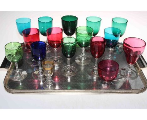 Collection of mostly Victorian ruby, blue and green glass goblets (16 pieces).