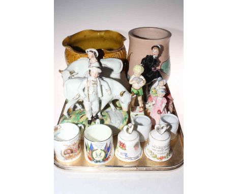 Pair Victorian Staffordshire milking cow groups, two Royal Doulton and one Worcester figures, etc.