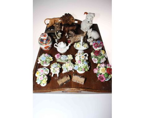 Tray lot with posies, Beswick animals, Goss cottages, Spode jar, etc.