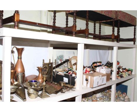 Full shelf of brass and copper, toby jugs, hunting print, Royal Grafton teaware, etc.