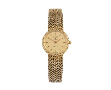 A lady's 9ct gold 'Présence' bracelet watch by Longines, the circular gilt dial with baton markers, to a textured case and ta