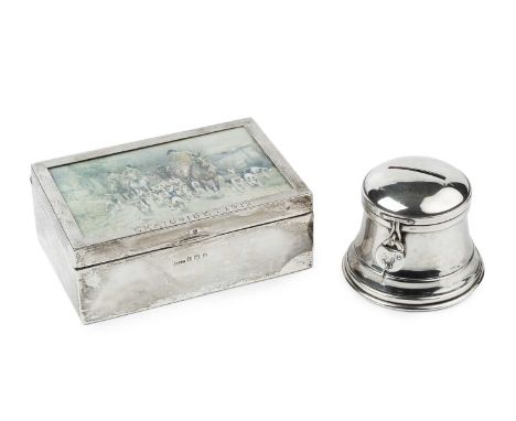 A George V silver rectangular cigarette box, the lid with inset glazed hunting print, and engraved 'Craigside 1912', by S. Bl