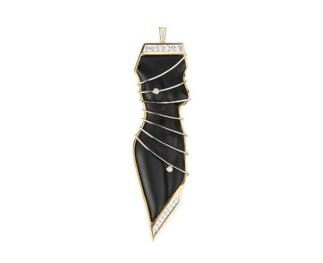 An onyx and diamond pendant/brooch by Catherine Best, the onyx cameo carved to depict a female torso, signed G. Pauly, enclos