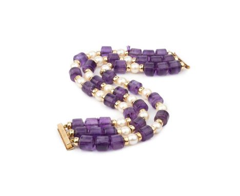 An amethyst and cultured pearl matched necklace and bracelet suite, comprising a triple strand bracelet, designed as rows of 