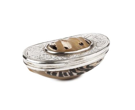 A Georgian silver mounted shell snuff box, the shell inset hinged lid engraved with a dog, rabbit and stylised foliage, unmar