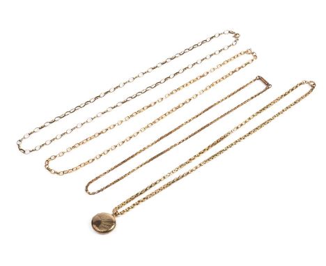 A small collection of jewellery, comprising a yellow precious metal Byzantine-link chain, the clasp stamped '9K', with gilt m