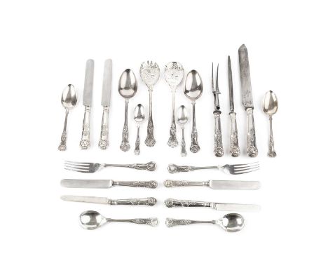 A service of silver King's pattern flatware and cutlery, comprising 4 table spoons, 14 table forks, 13 dessert spoons, 6 dess