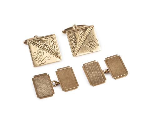 Two pairs of cufflinks, the first with square engraved panels, on hinged baton fittings, initialled, stamped '9CT', the secon