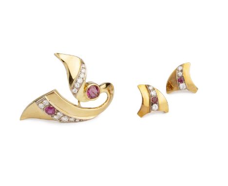 A ruby and diamond brooch and ear studs suite, each designed as an abstract panel with circular mixed-cut ruby and round bril
