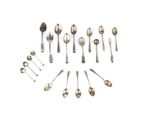 A small collection of assorted silver teaspoons, 19th century and later, a German small fork with rose handle, stamped 800, a